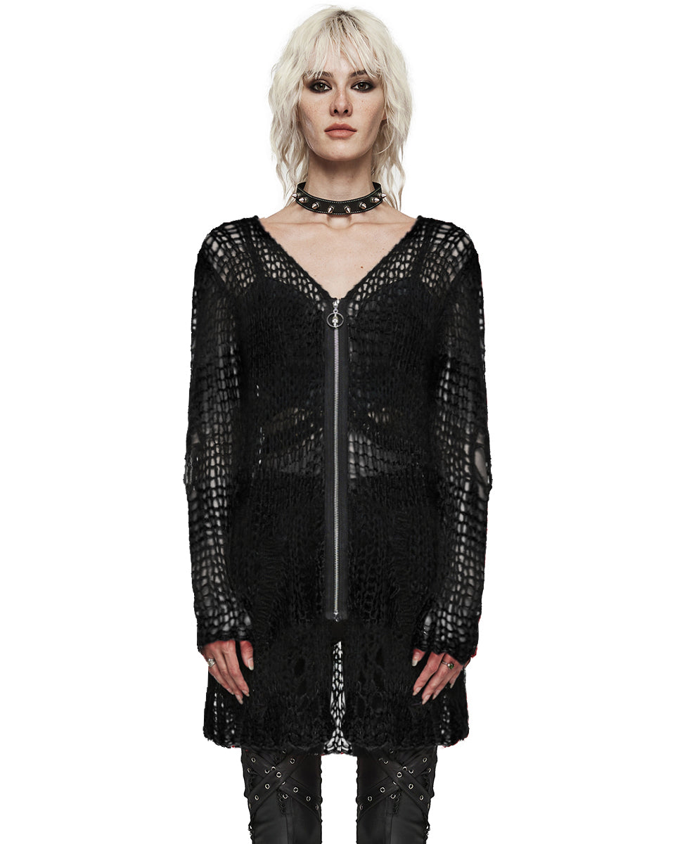 PR-WM-077KMF-BKF Womens Gothic Punk Shredded Cardigan Sweater - Black