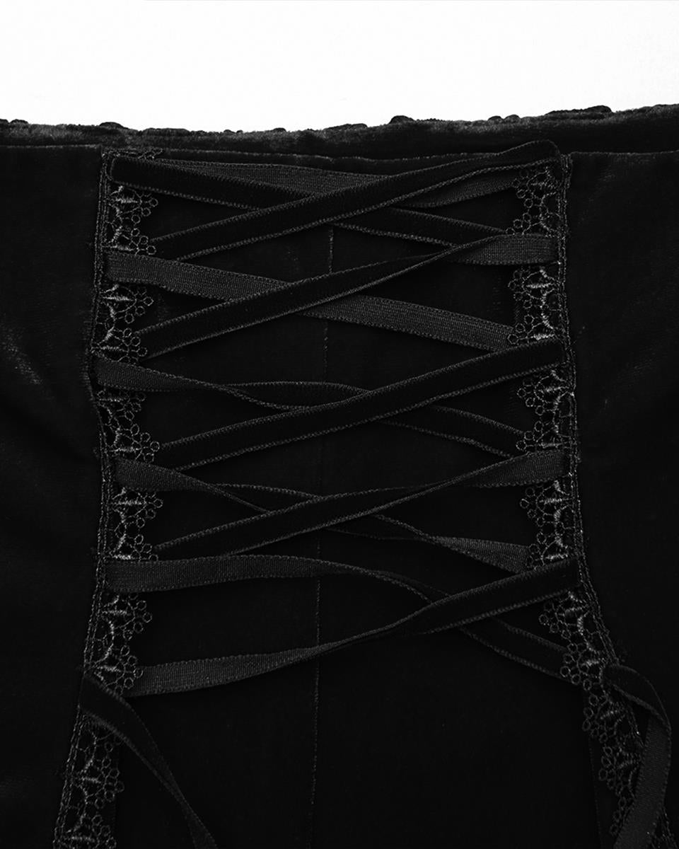 WQ-876BQF Womens Baroque Gothic Rose Embroidered Velvet Fishtail Skirt - Black