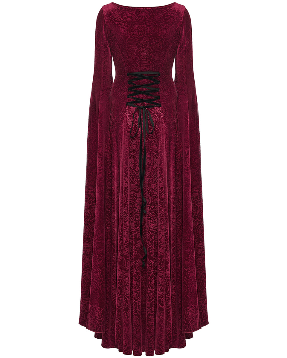 WQ-896LQF Womens Long Gothic Rose Velvet Flared Split Sleeve Maxi Dress - Red