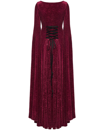 WQ-896LQF Womens Long Gothic Rose Velvet Flared Split Sleeve Maxi Dress - Red