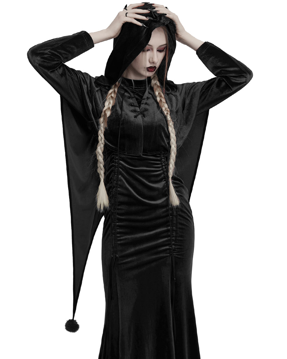 OPY-444DQF Daily Life Womens Velvet Gothic Lolita Hooded Split Tails Bolero Cape - Black
