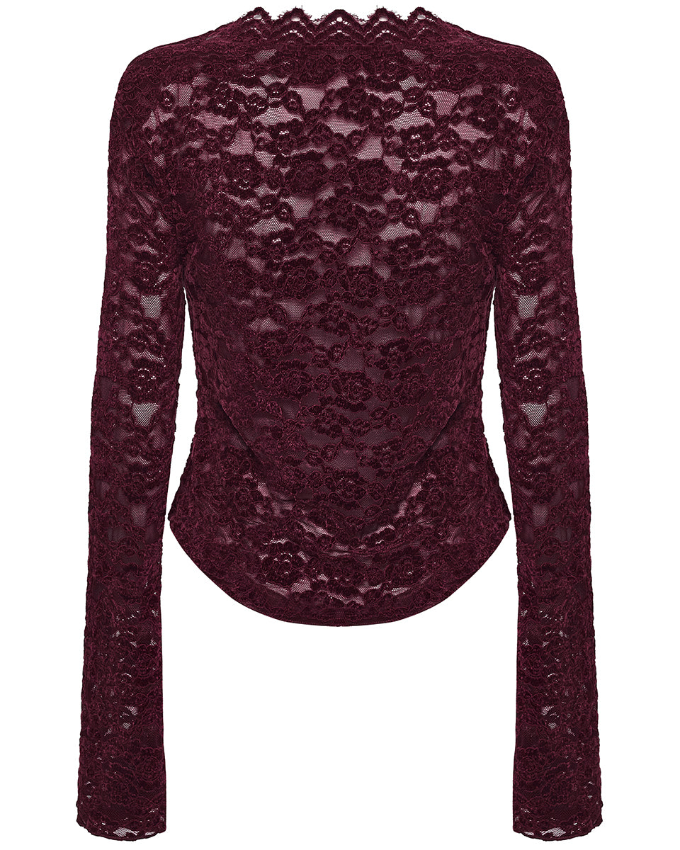 OT-1014TCF-RDF Womens Elegant Floral Lace V-Neck Top - Red