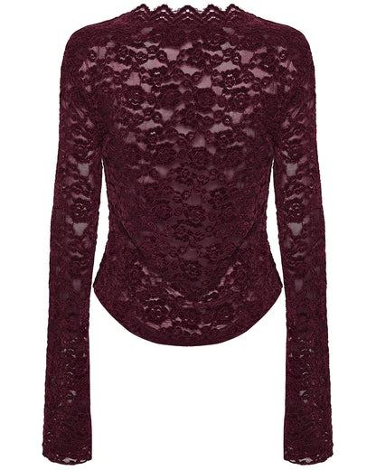 OT-1014TCF-RDF Womens Elegant Floral Lace V-Neck Top - Red
