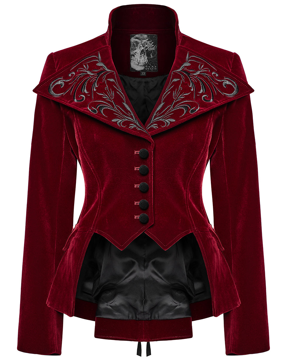 WY-1665XCF Womens Gothic Embroidered Velvet Cutaway Riding Jacket - Red