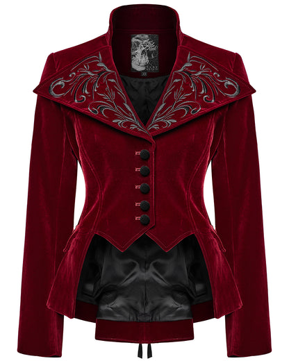 WY-1665XCF Womens Gothic Embroidered Velvet Cutaway Riding Jacket - Red