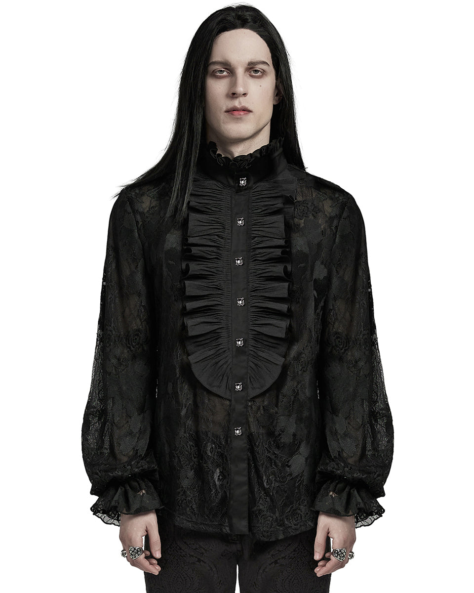 WY-1592CCM-BKM Mens Romantic Gothic Dark Floral Lace Ruffled Poet Shirt