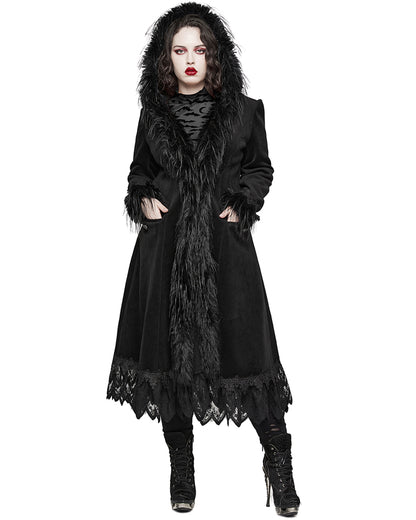 PR-DY-1509ECF-BKF Womens Gothic Winter Fur & Lace Trimmed Hooded Coat - Extended Size Range