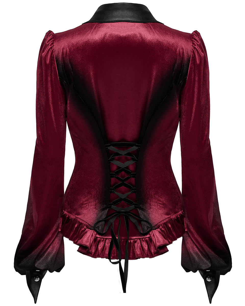 OY-1697DQF-RDF Daily Life Gothic Gradient Velvet Bat Collar Blouse Top - Red & Black