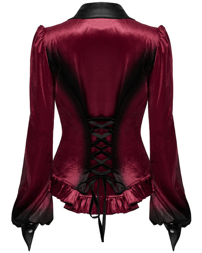 OY-1697DQF-RDF Daily Life Gothic Gradient Velvet Bat Collar Blouse Top - Red & Black
