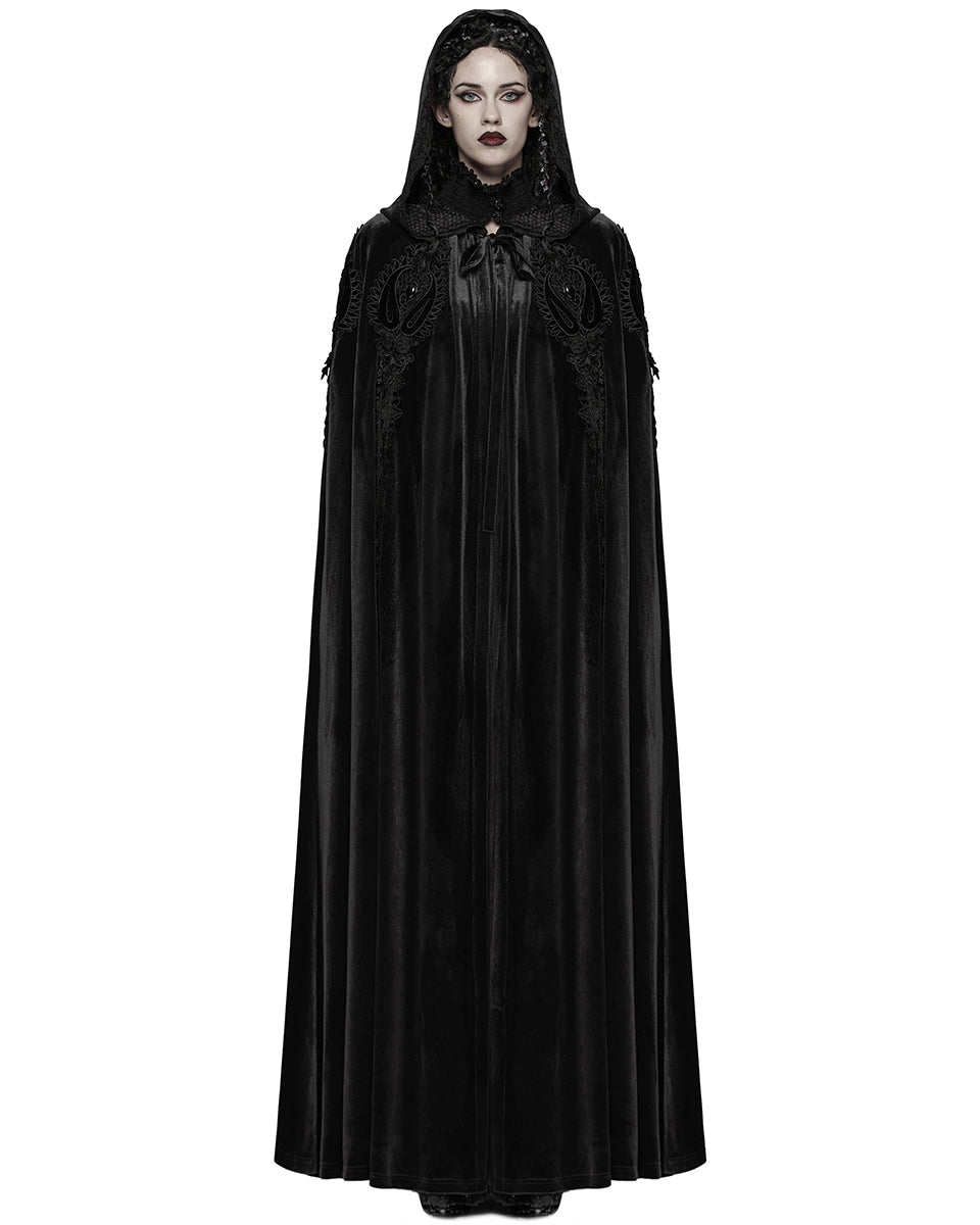 WY-1824DPF Womens Long Gothic Velvet & Lace Applique Hooded Cloak - Black