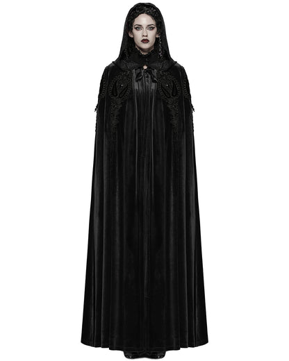 WY-1824DPF Womens Long Gothic Velvet & Lace Applique Hooded Cloak - Black