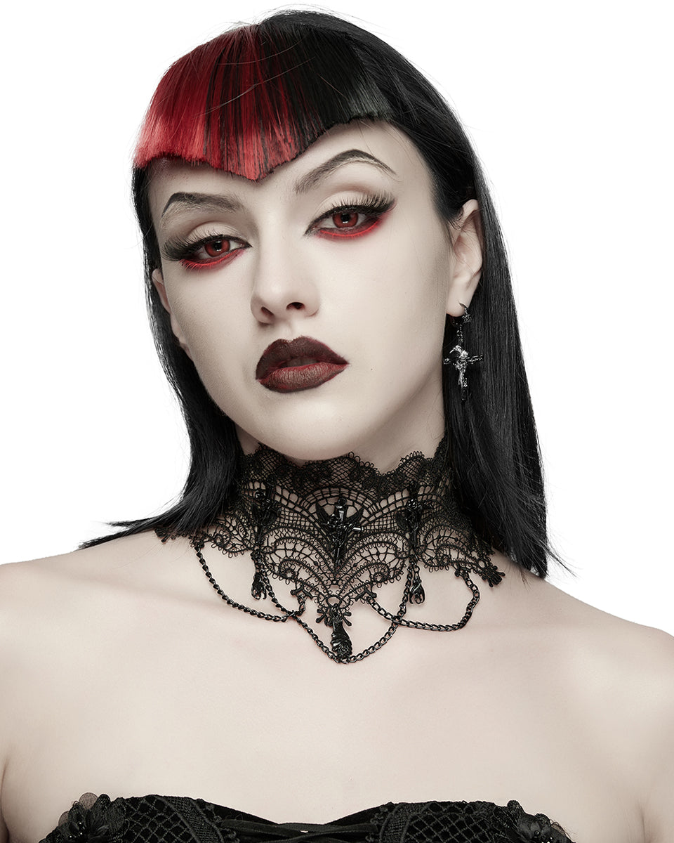 Womens Dark Gothic Chained Lace Hanging Bats Necklace