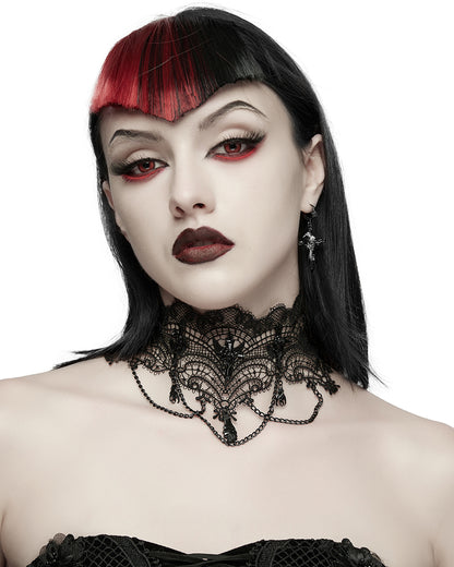 Womens Dark Gothic Chained Lace Hanging Bats Necklace
