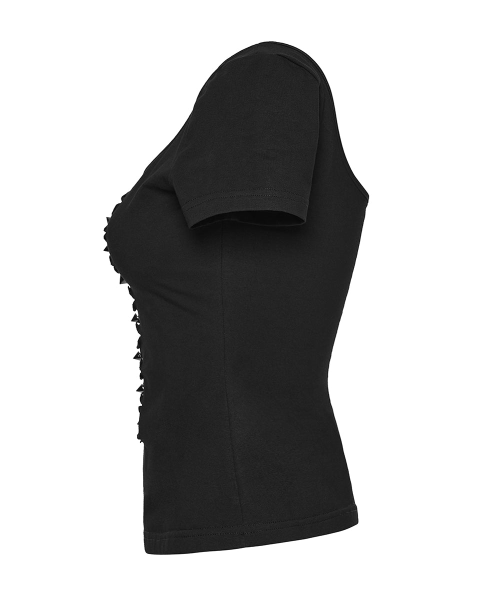 WT-1081TDF Womens Gothic Studded & Slashed Mesh Inset Tee