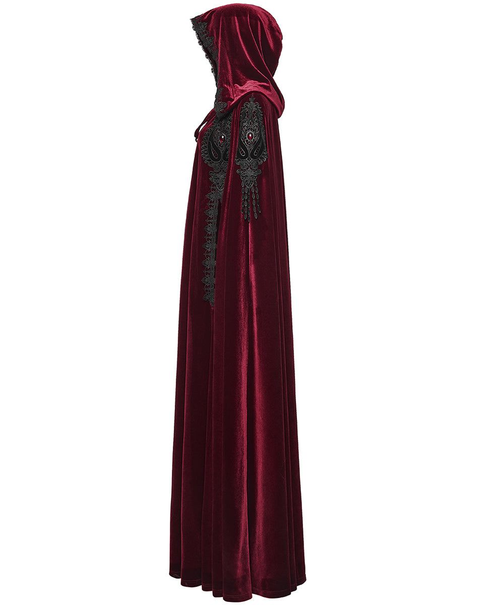 WY-1824DPF Womens Long Gothic Velvet & Lace Applique Hooded Cloak - Red & Black
