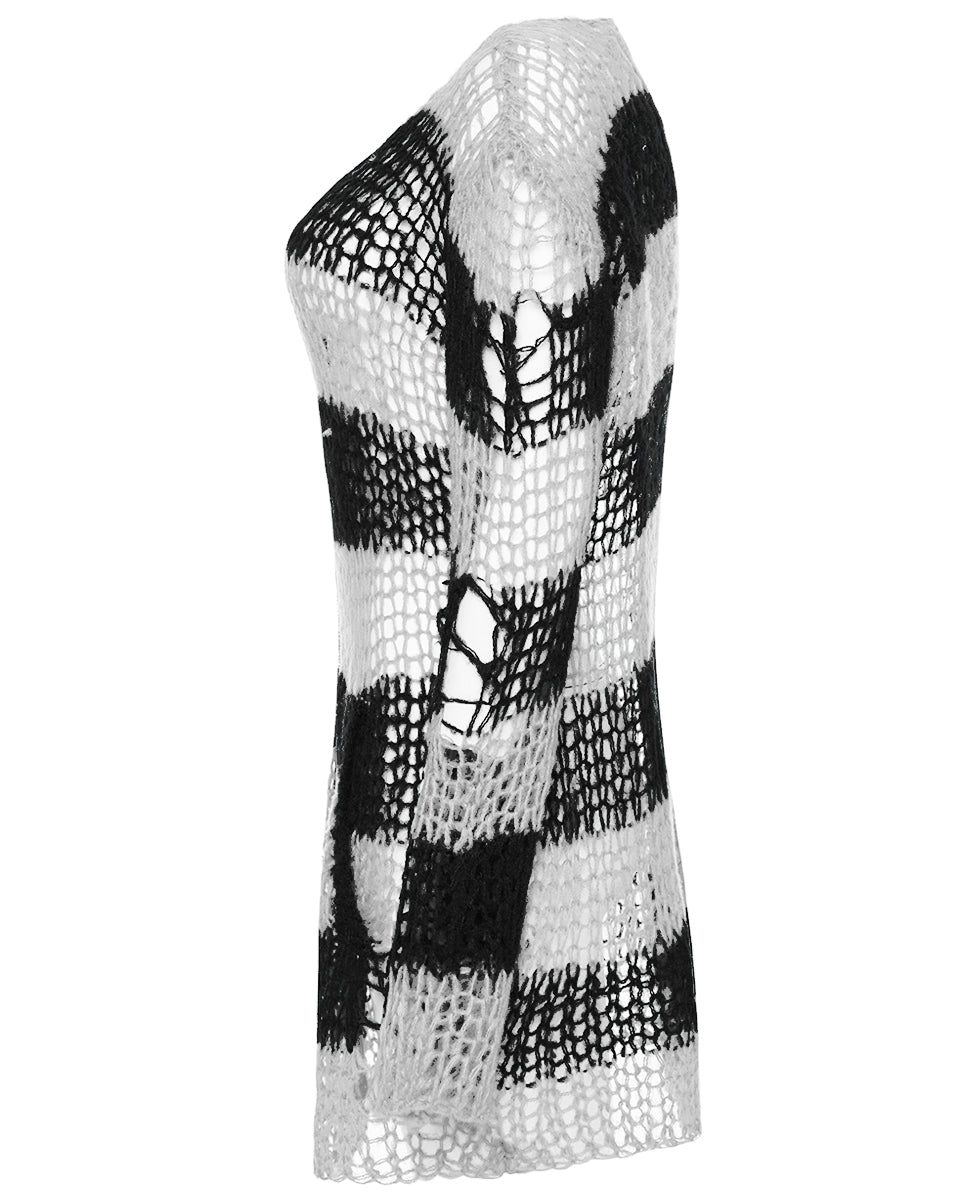 WM-077KMF-WHF Womens Gothic Punk Striped Shredded Cardigan Sweater - White & Black