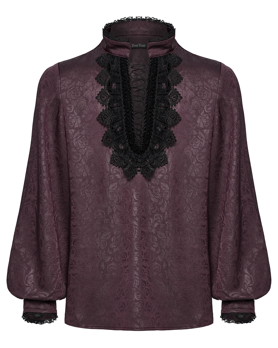 PR-WY-1785 Mens Gothic Embossed Print Lace-Up Pirate Shirt - Red