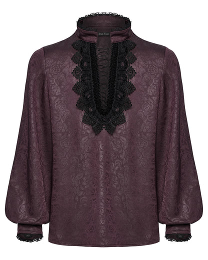 PR-WY-1785 Mens Gothic Embossed Print Lace-Up Pirate Shirt - Red