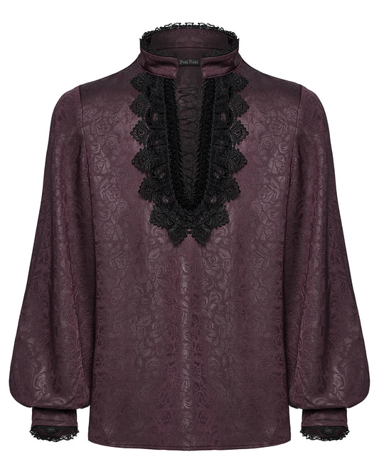 PR-WY-1785 Mens Gothic Embossed Print Lace-Up Pirate Shirt - Red