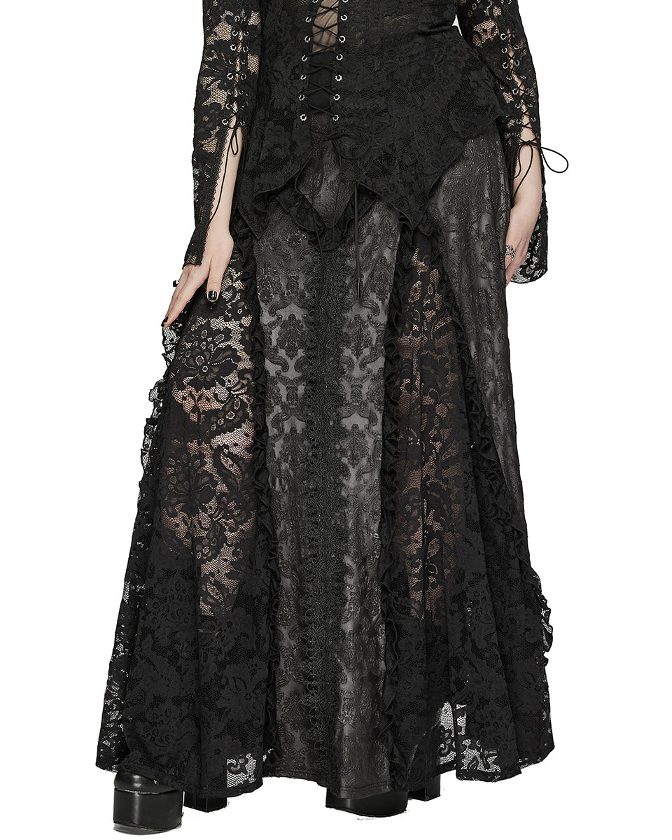 DQ-744BQF Plus Size Womens Gothic Embossed Damask & Lace Maxi Skirt