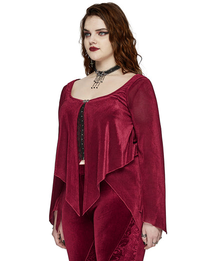 DY-1624XDF Plus Size Womens Gothic Layered Velvet & Mesh Tunic Top - Red