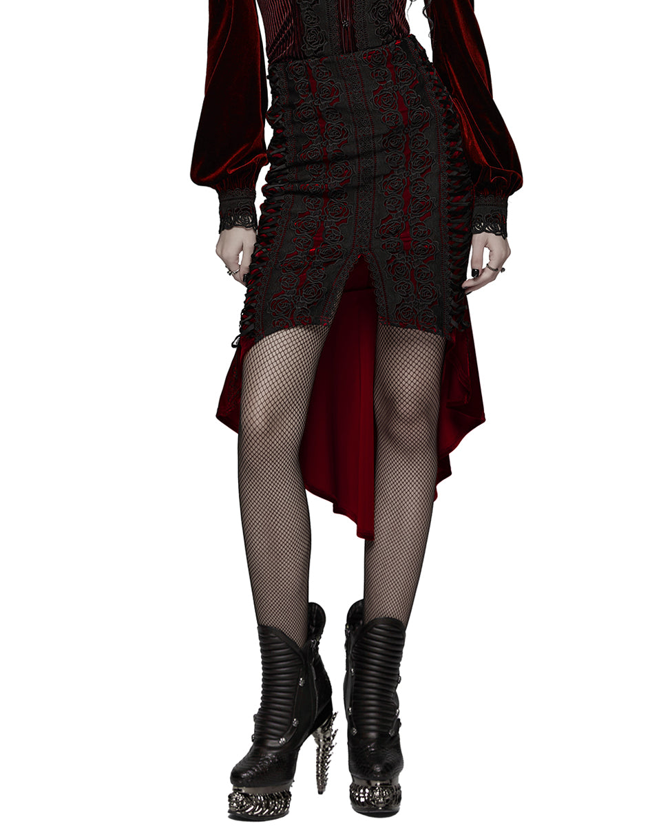 WQ-876BQF Womens Baroque Gothic Rose Embroidered Velvet Fishtail Skirt - Red & Black
