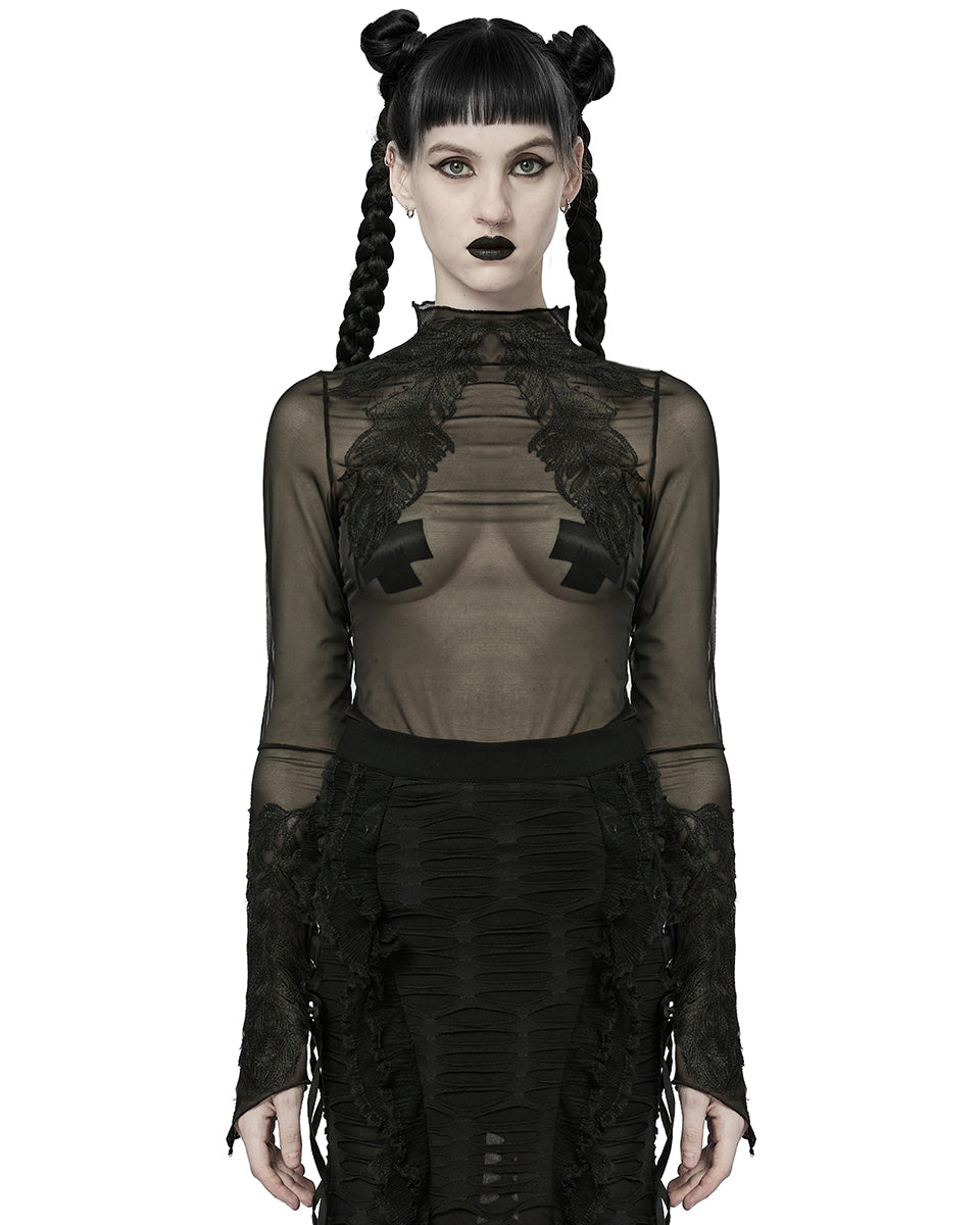 PR-T766-BKF Womens Gothic Sheer Mesh Lace Applique Top