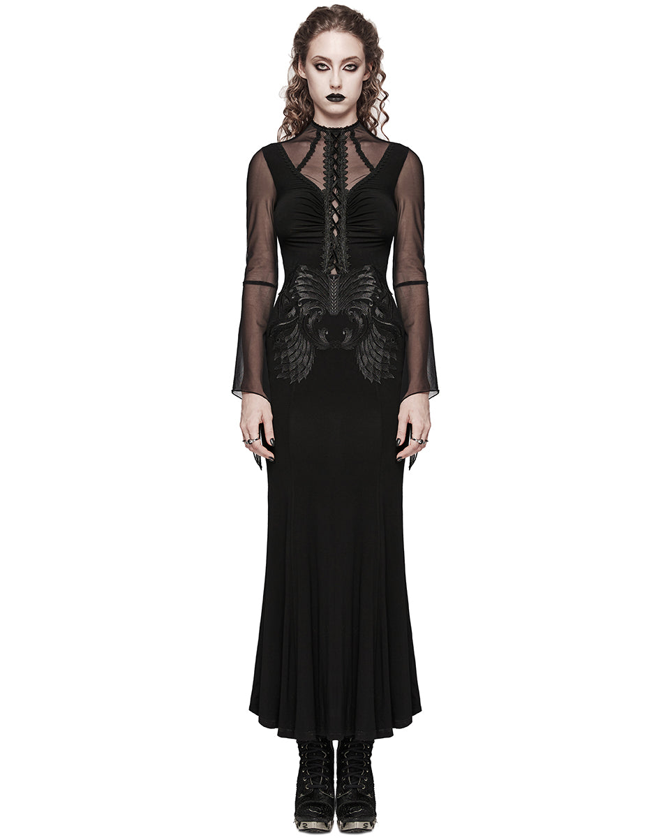 WQ-697LQF-BKF Long Gothic Lace Applique Evening Maxi Dress