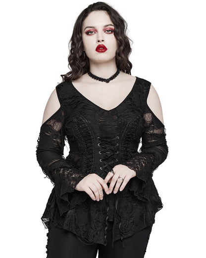 PR-DT-796TCF-BKF Plus Size Womens Apocalyptic Gothic Lace-Up Tunic Top