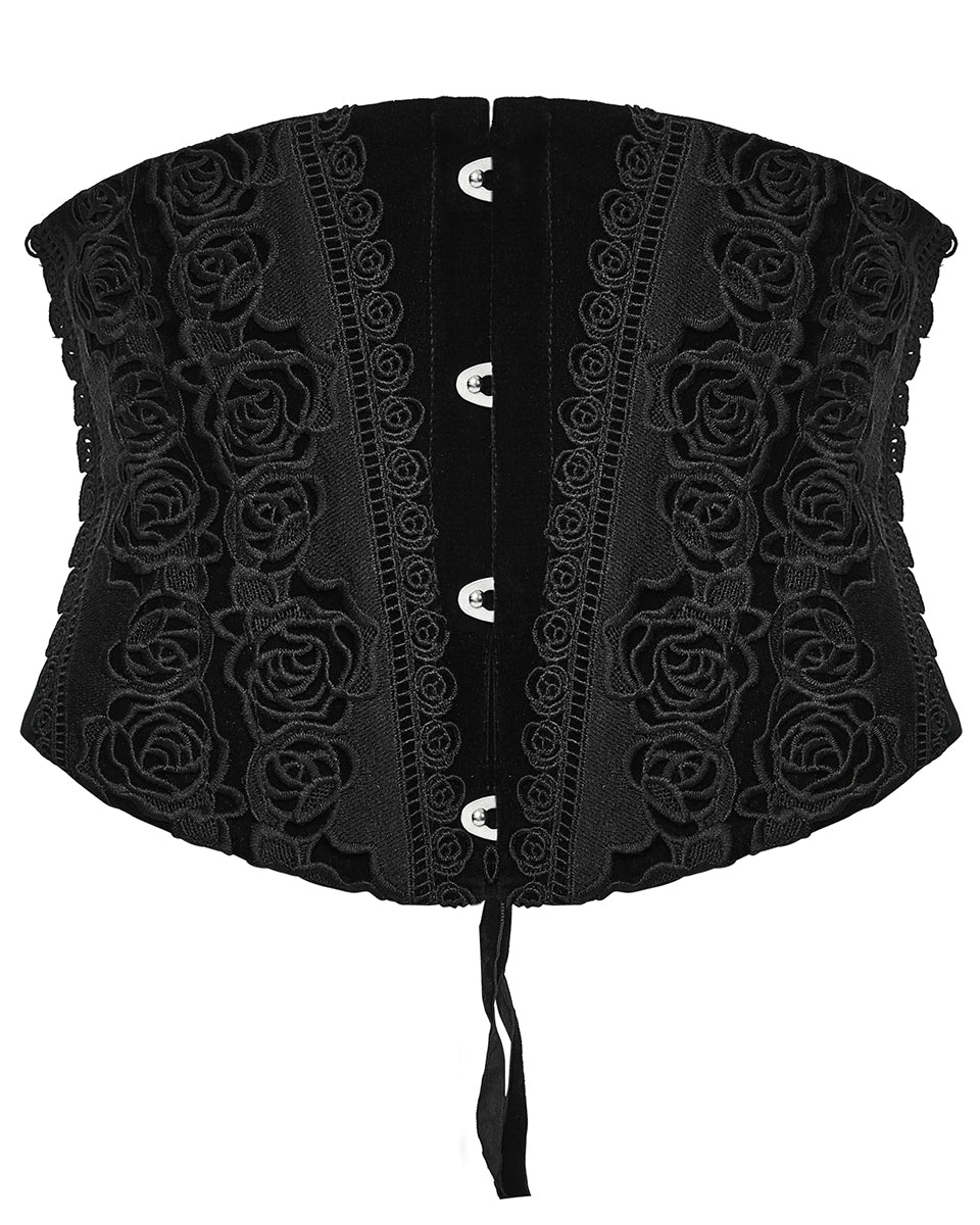 WS-790YDF Womens Baroque Gothic Rose Embroidered Velvet Cincher Corset - Black
