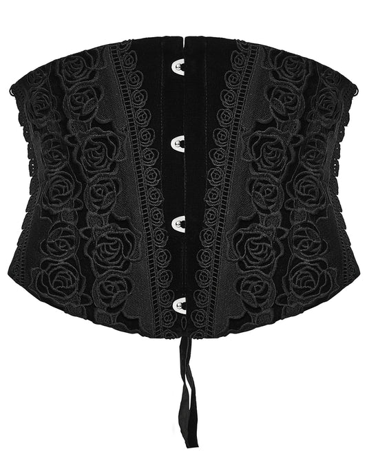 WS-790YDF Womens Baroque Gothic Rose Embroidered Velvet Cincher Corset - Black