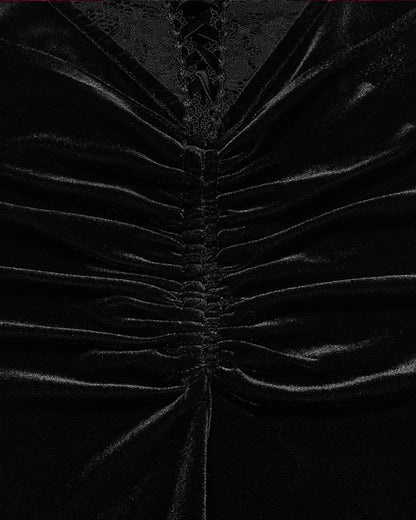PR-OQ-844BQF-BKF Daily Life Womens Long Gothic Velvet Ruched Split Waist Skirt - Black