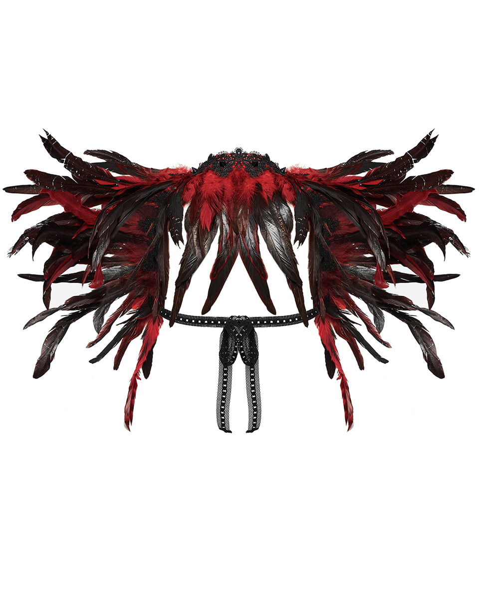 PR-WS-551DQF-BKRDF Womens Burlesque Gothic Vixen Feathered Harness - Black & Red