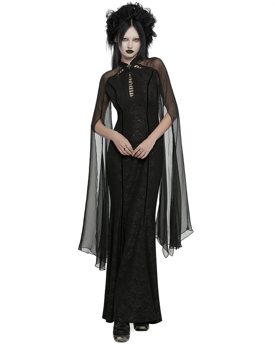 WQ-774LQF Womens Long Gothic Damask Flared Chiffon Sleeve Maxi Dress