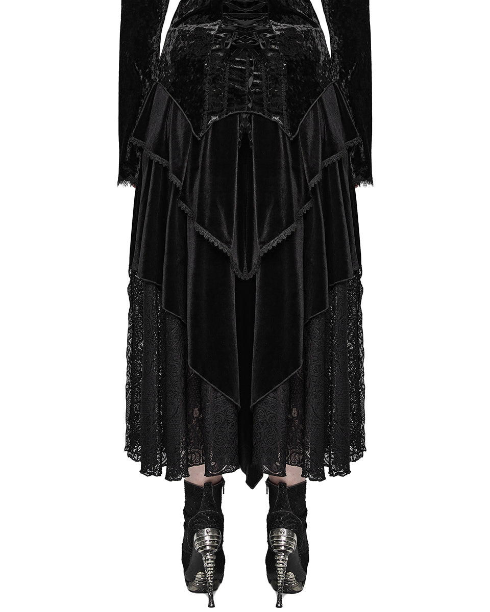 PR-DQ-634BQF-BKF Plus Size Bohemian Gothic Asymmetric Velvet & Baroque Lace Maxi Skirt
