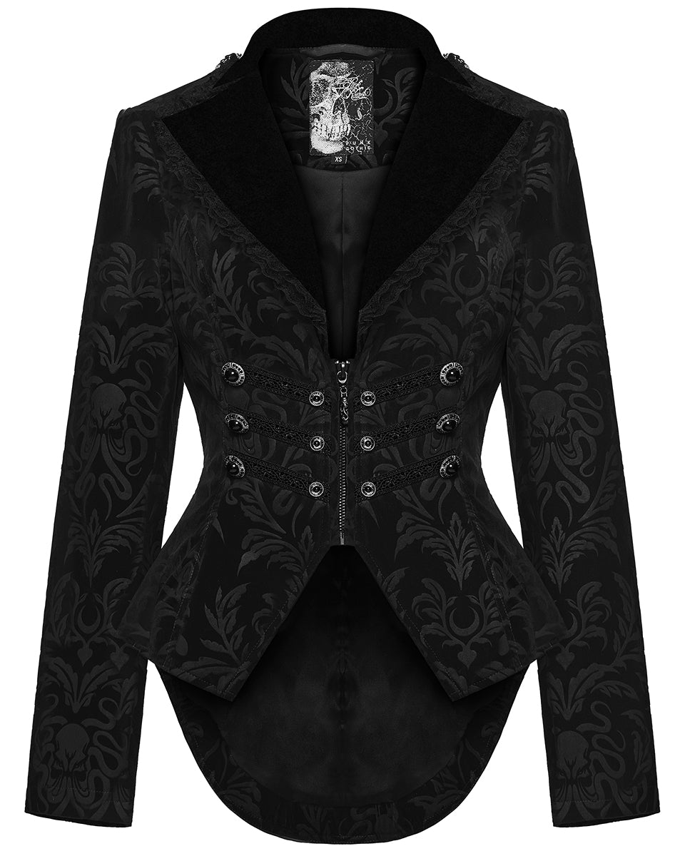 WY-1833LDF Womens Gothic Aristocrat Damask Velvet Frock Coat Jacket - Black