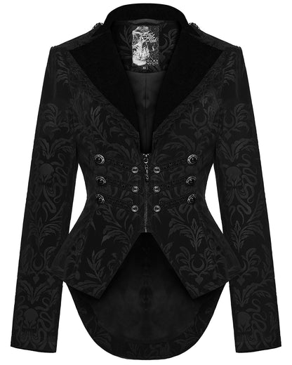 WY-1833LDF Womens Gothic Aristocrat Damask Velvet Frock Coat Jacket - Black