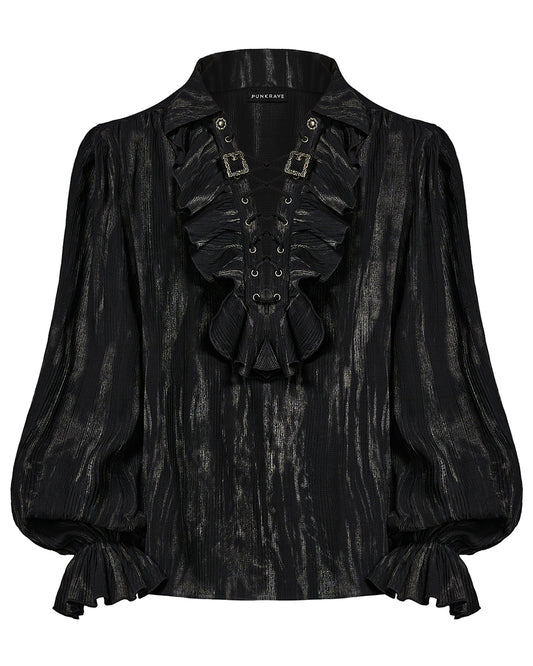 PR-Y1497-BKM Mens Gothic Steampunk Distressed Lace Up Pirate Shirt - Black