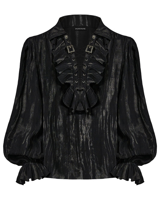 Y1497-BKM Mens Gothic Steampunk Distressed Lace Up Pirate Shirt - Black