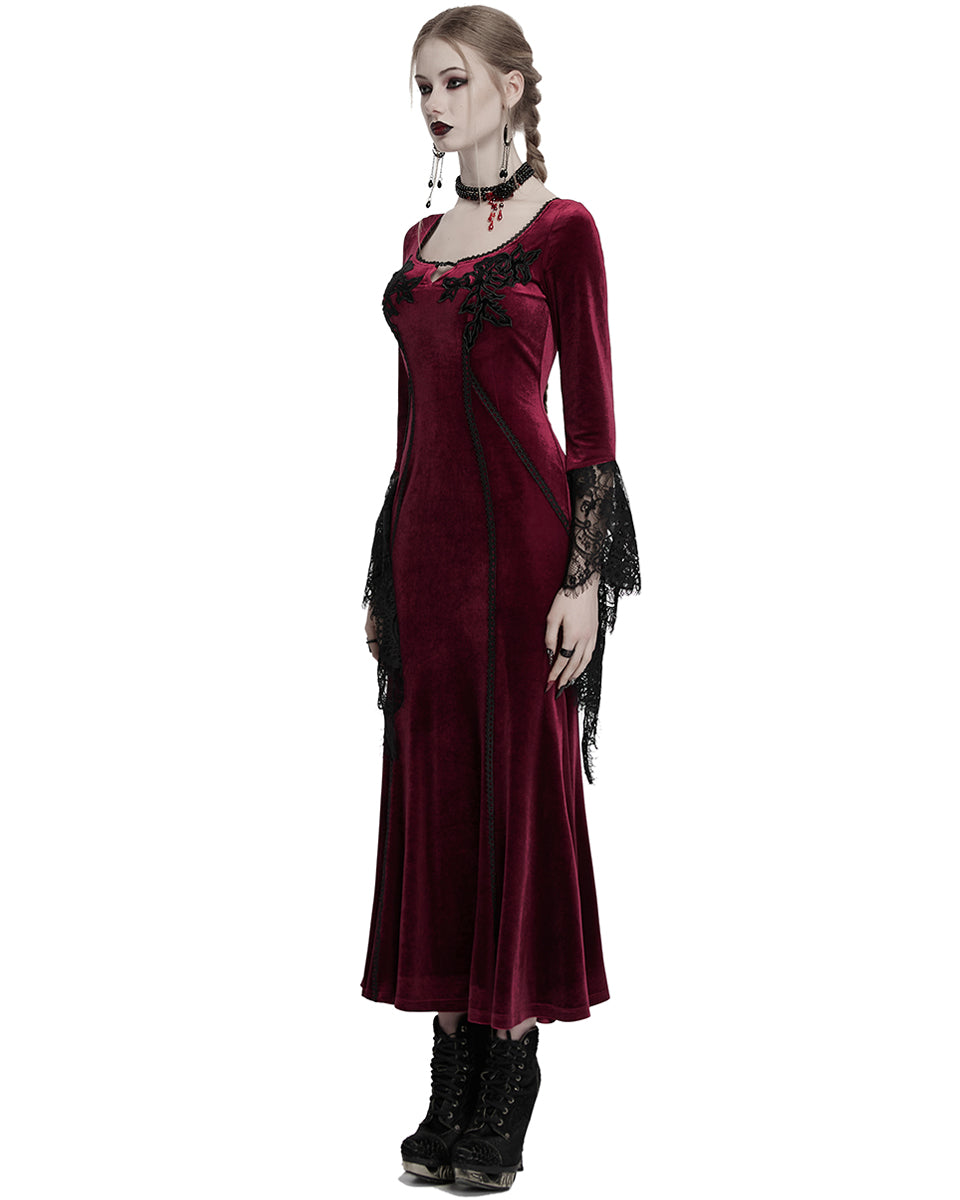 OQ-850LQF Daily Life Womens Long Gothic Velvet Applique Maxi Dress - Red