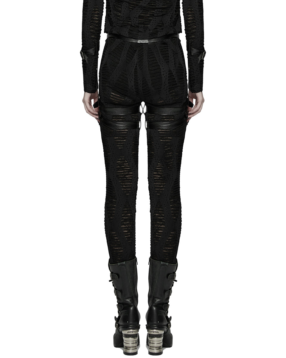 WK-743DDF Womens Apocalyptic Gothic Spliced Mesh Strapping Leggings