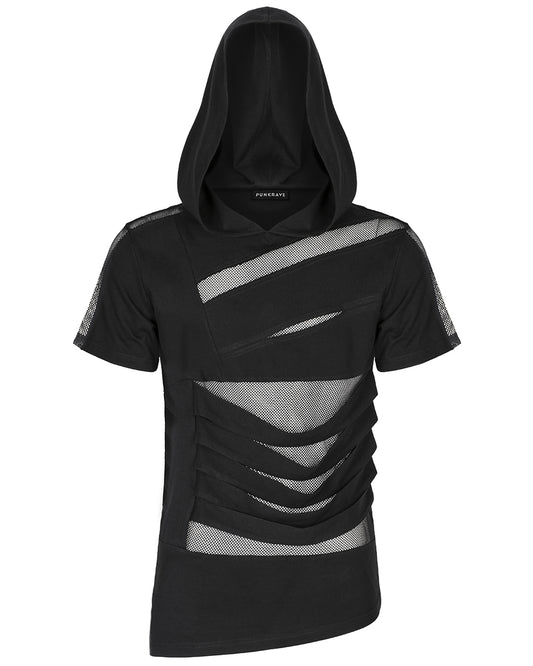 PR-T774-BKM Mens Gothic Punk Shredded Mesh Inset Hooded T Shirt Top