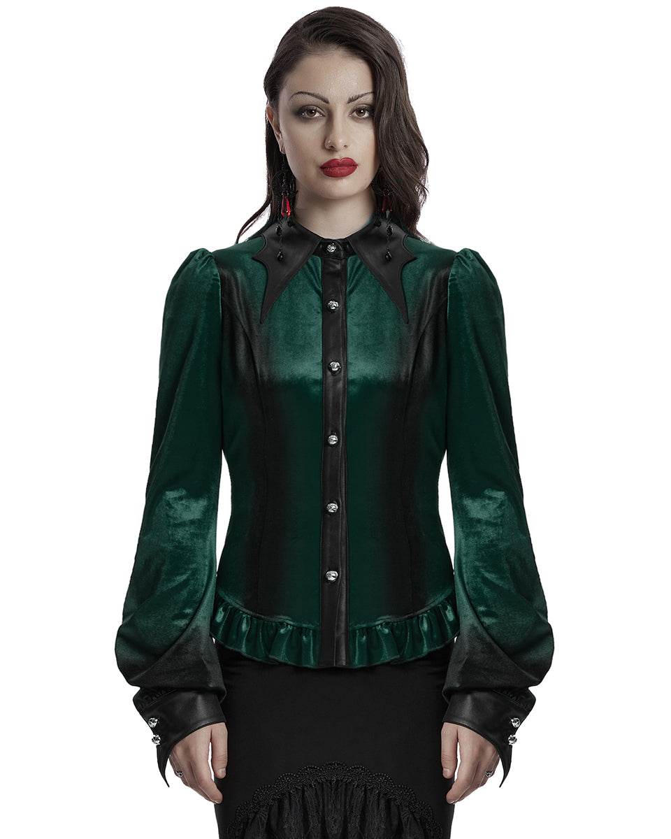OY-1697DQF-GRF Daily Life Gothic Gradient Velvet Bat Collar Blouse Top - Green & Black