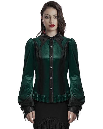 OY-1697DQF-GRF Daily Life Gothic Gradient Velvet Bat Collar Blouse Top - Green & Black