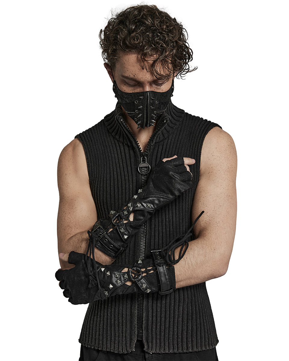 PR-S538-BKM Mens Apocalyptic Gothic Studded Lace Up Fingerless Gauntlet Gloves