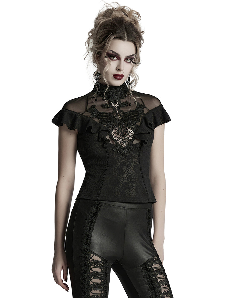 WT-1004TDF-BKF Womens Elegant Gothic Floral Lace Applique Blouse Top