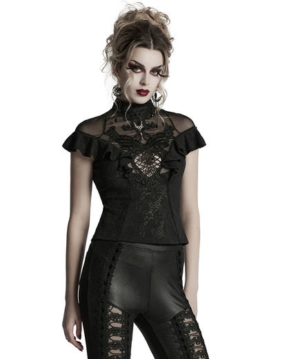 WT-1004TDF-BKF Womens Elegant Gothic Floral Lace Applique Blouse Top