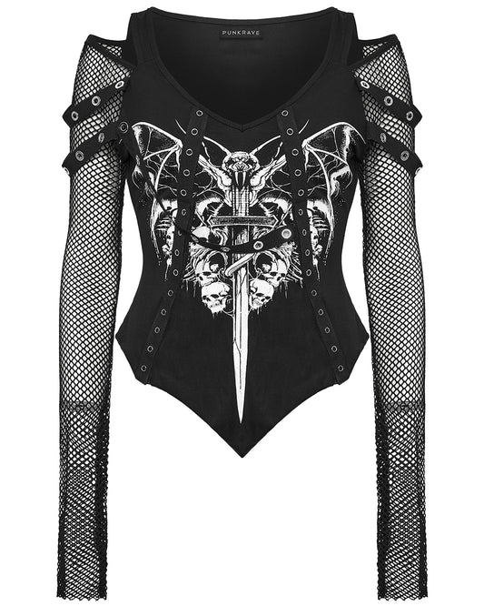 WT-976TCF Womens Gothic Vampire Bat Printed Top With Fishnet Sleeves