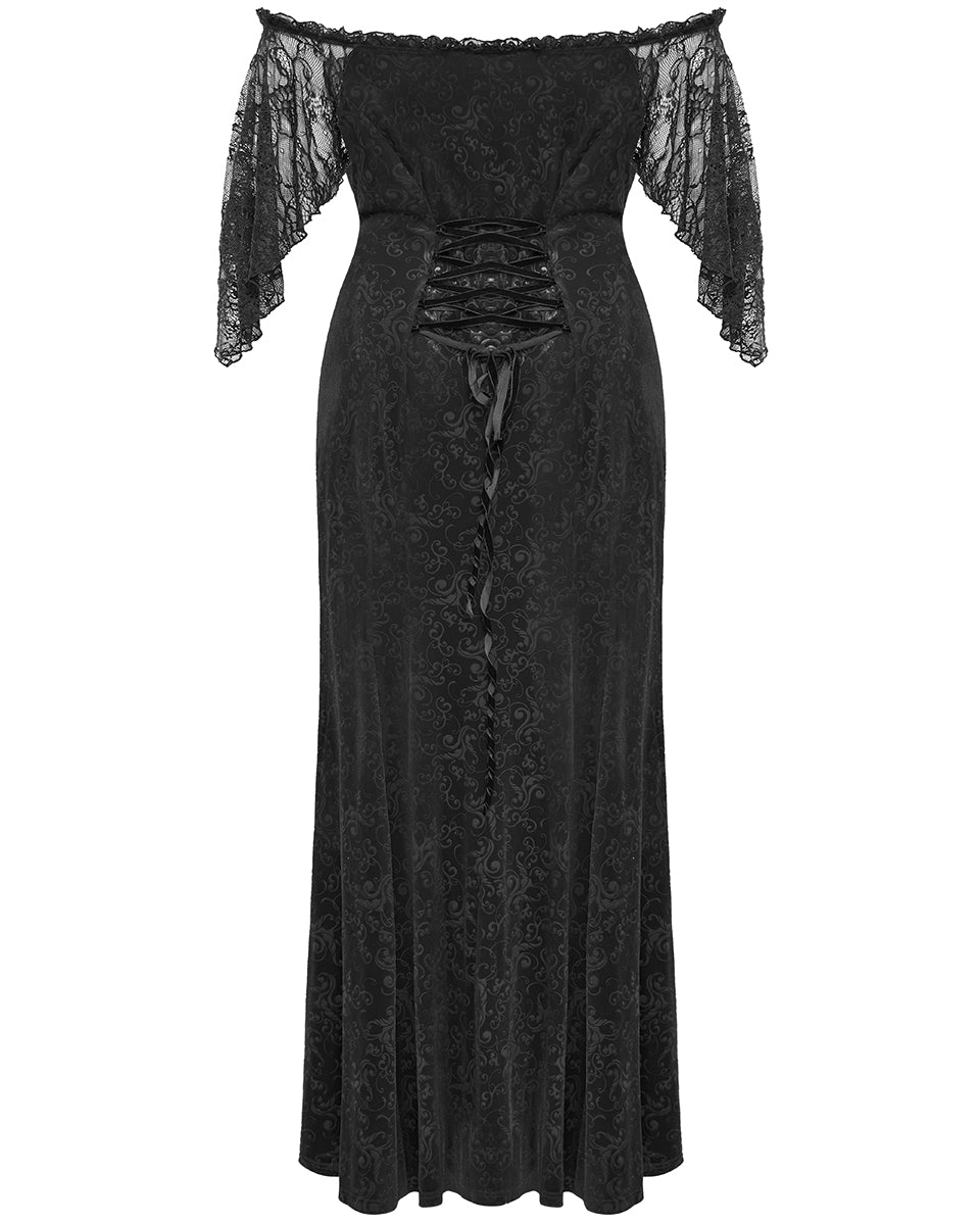 DQ-730LQF Plus Size Womens Gothic Embossed Velvet Off-Shoulder Maxi Dress - Black