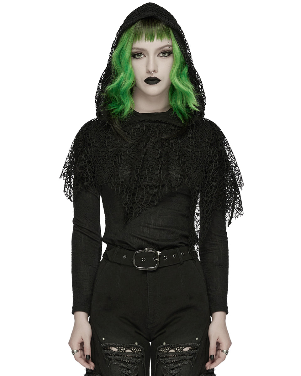 WT-1035TCF Womens Apocalyptic Wasteland Gothic Hooded Mesh Shawl Top